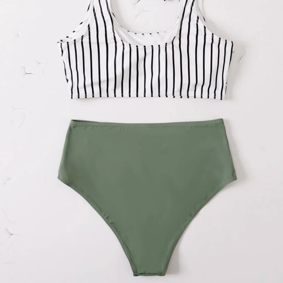 Boho bikini swim striped preppy tie strap high waisted white olive green - Picture 3 of 3